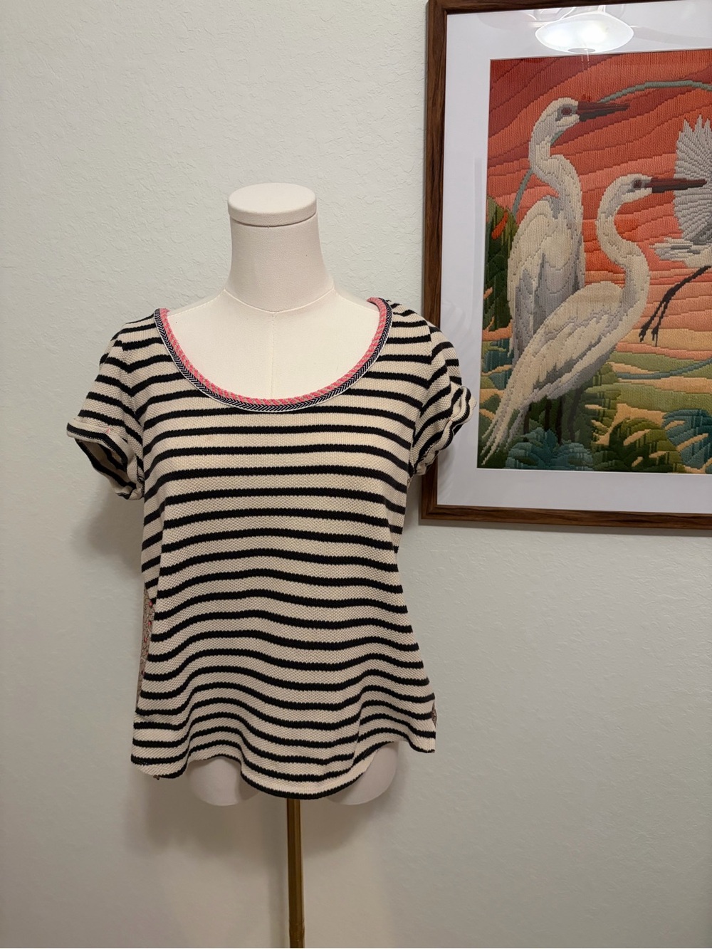 Striped Knit Top in Black and Cream Stripes with Pink and Tan Flowers